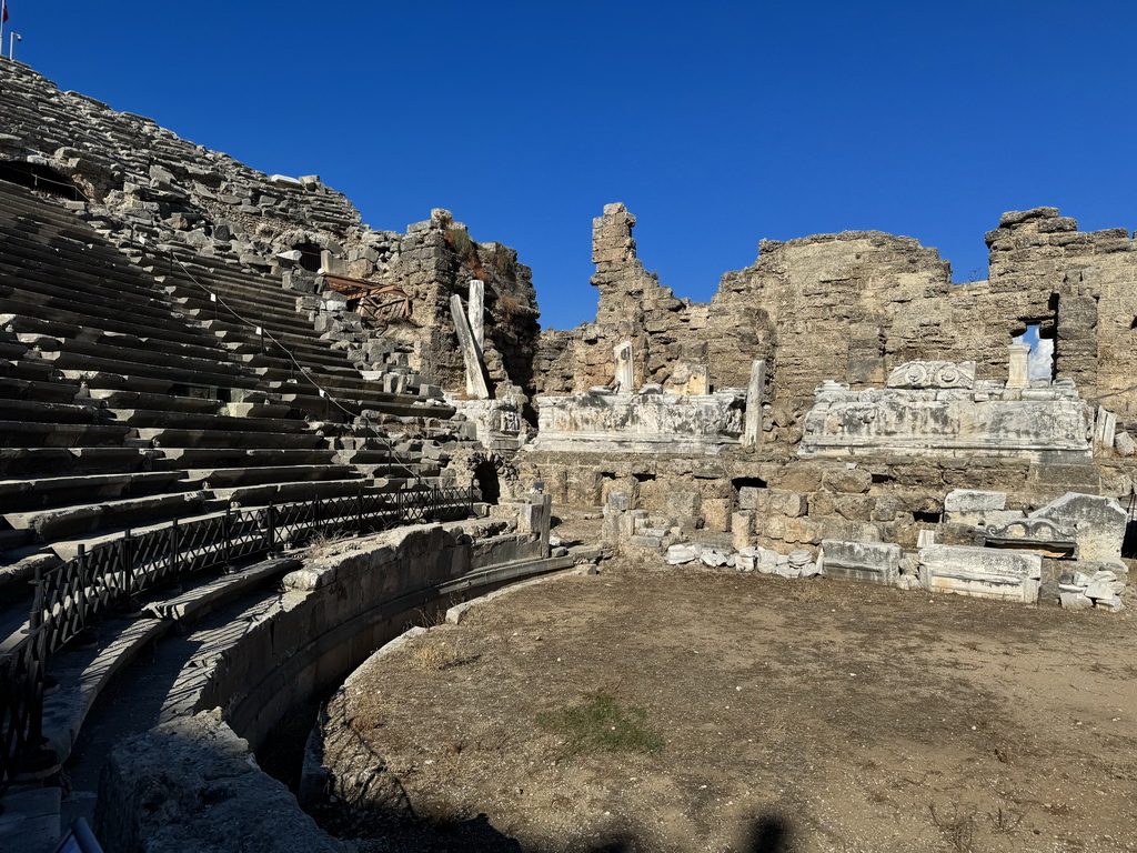 Northeast auditorium, orchestra, stage and stage building of the Roman Theatre of Side, viewed from the bottom of the southwest auditorium