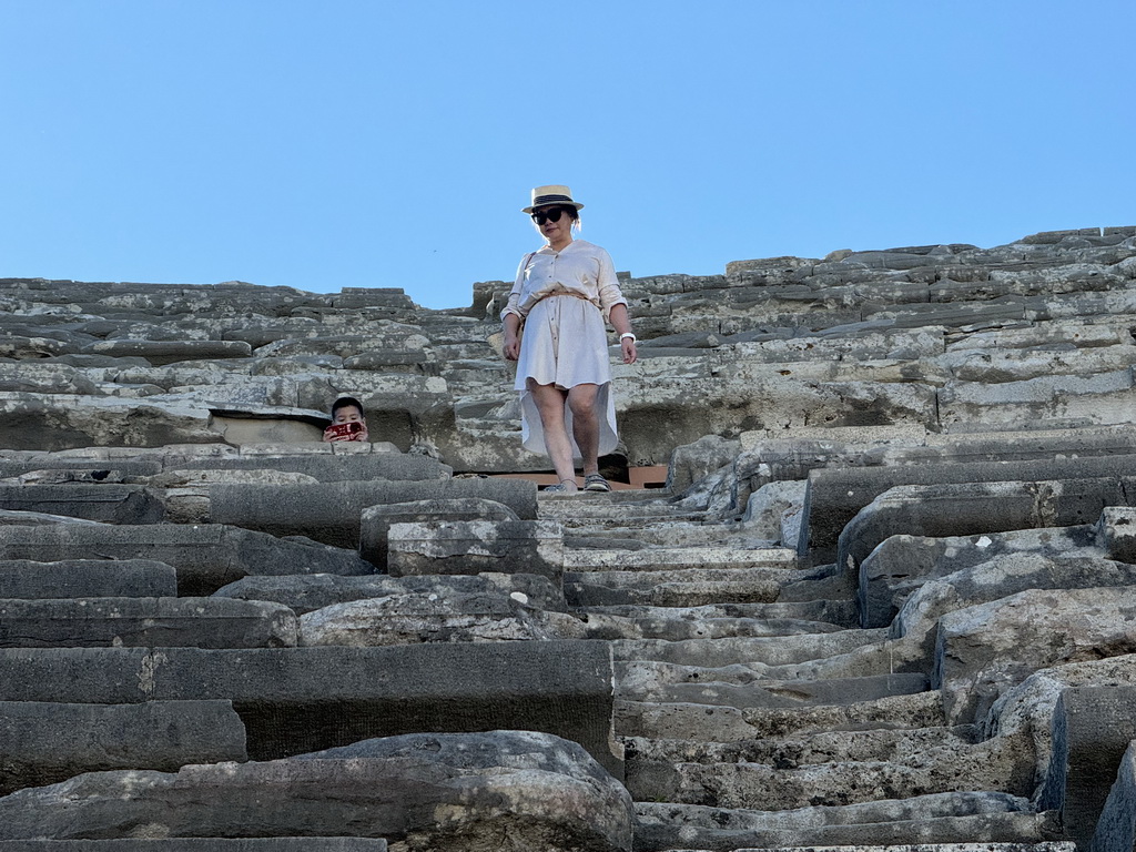 Miaomiao and Max at the diazoma of the southwest auditorium of the Roman Theatre of Side, viewed from the bottom