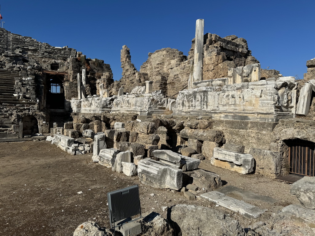 Northwest auditorium, orchestra, stage and stage building of the Roman Theatre of Side, viewed from the southeast auditorium