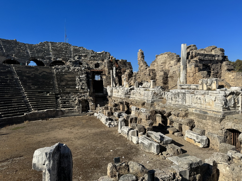 Northwest auditorium, orchestra, stage and stage building of the Roman Theatre of Side, viewed from the south auditorium