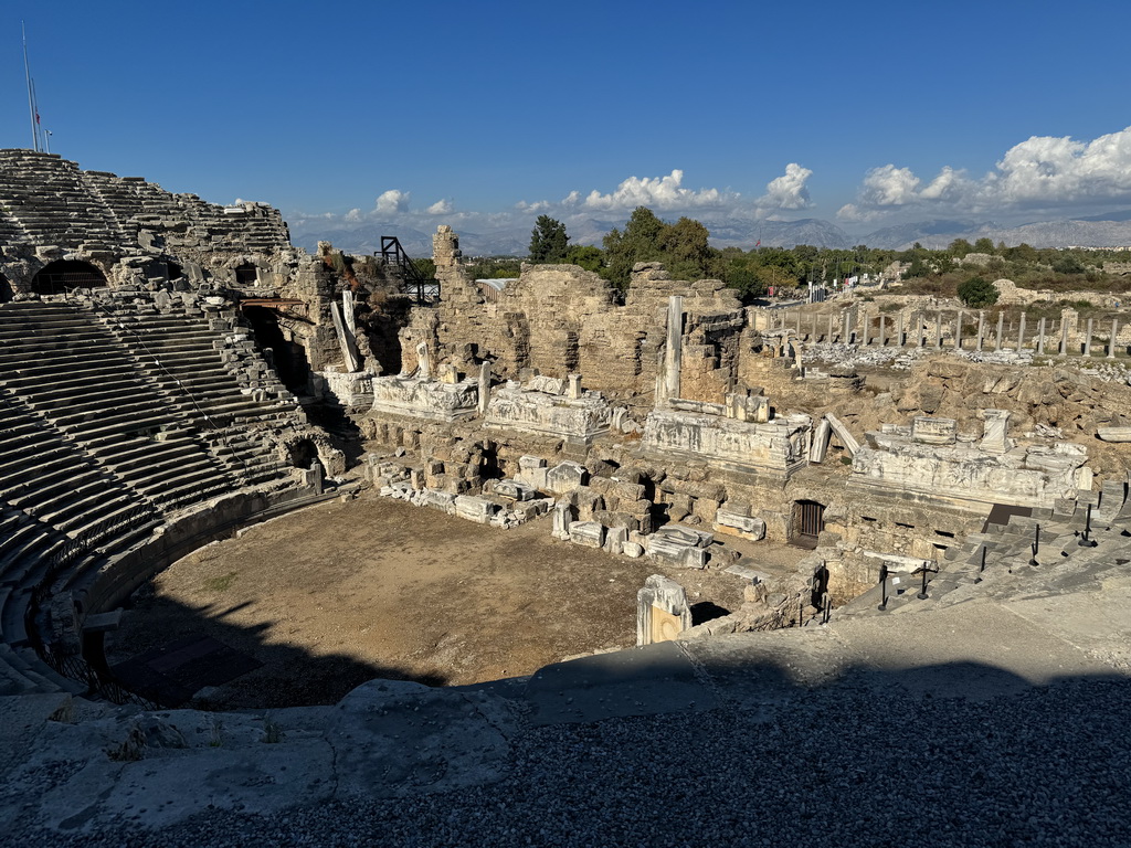 Auditorium, orchestra, stage and stage building of the Roman Theatre of Side and the Trade Agora, viewed from the diazoma of the south auditorium