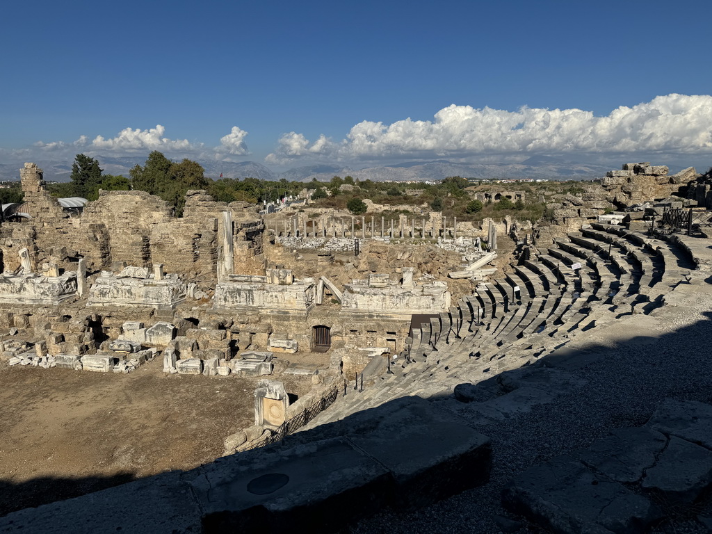 Auditorium, orchestra, stage and stage building of the Roman Theatre of Side and the Trade Agora, viewed from the diazoma of the south auditorium