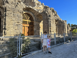 Miaomiao and Max in front of the west side of the Roman Theatre of Side at the Çagla Sokak alley