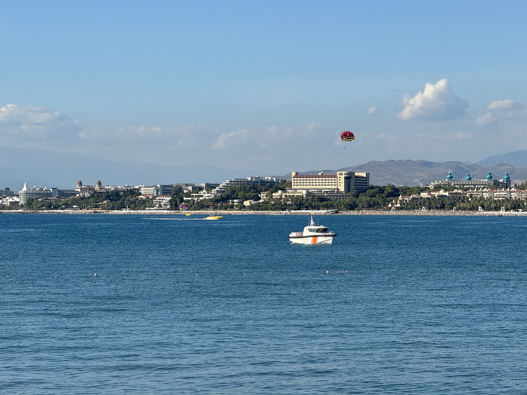 Boats in the Gulf of Antalya and beaches and hotels at the northwest side of town, viewed from the square at Nar Beach 1