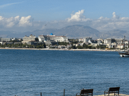 Boat in the Gulf of Antalya and beaches and hotels at the northwest side of town, viewed from the square at Nar Beach 1