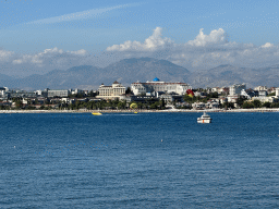 Boats in the Gulf of Antalya and hotels at the northwest side of town, viewed from the square at Nar Beach 1