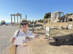 Miaomiao at the southeast side of the Apollon Temple and Athena Temple at the Barbaros Caddesi street, with a reconstruction in a travel guide