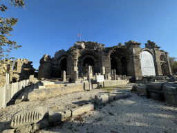 Front of the Temple of Dionysos and the northwest side of the Roman Theatre of Side at the Liman Caddesi street