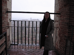 Miaomiao`s friend at the top of the Tower of Mangia, with a view on the southwest side of the city with the Chiesa di San Niccolò al Carmine church
