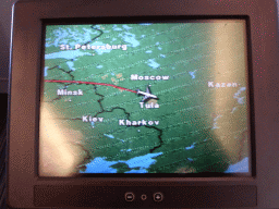 Screen in the airplane from Amsterdam, showing the route to the north of the Ukraine