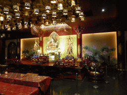 Altar and statues at the back side of the Buddha Tooth Relic Temple and Museum