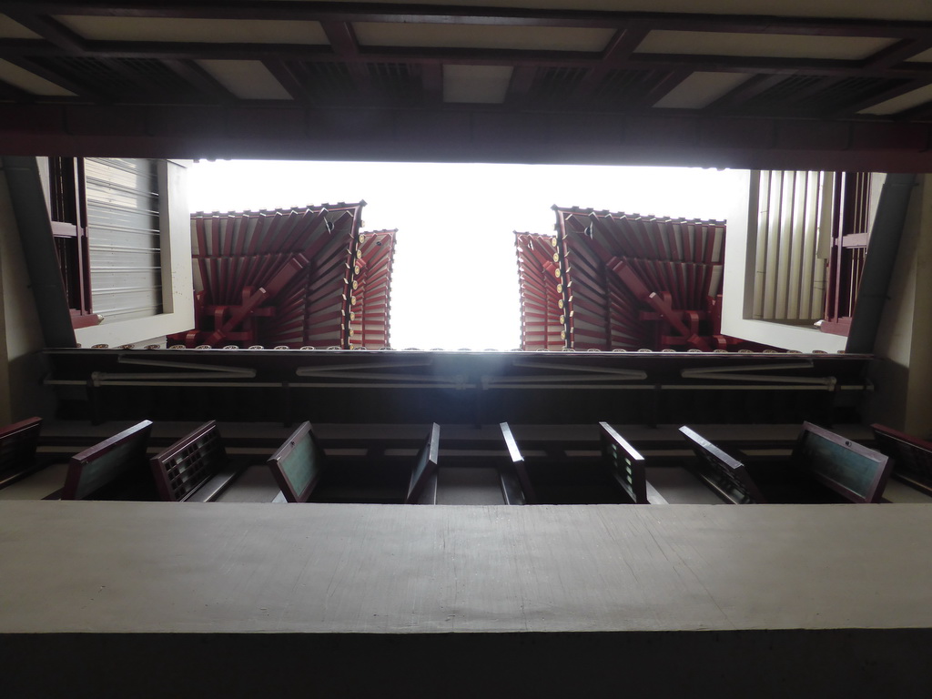 Corners of the roof of the Buddha Tooth Relic Temple and Museum, viewed from below