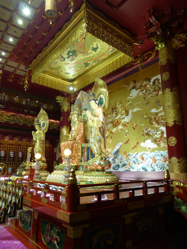 Main altar and statues at the Buddha Tooth Relic Temple and Museum