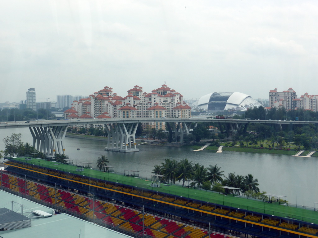 The grandstands of the Singapore Formula 1 Race Track, the Benjamin Sheares Bridge over the Kallang Basin and the New Singapore National Stadium, viewed from the Singapore Flyer ferris wheel