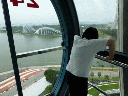 Miaomiao in the Singapore Flyer ferris wheel, with a view on Marina Bay and the Gardens by the Bay with the Cloud Forest and the Flower Dome