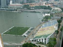 The Marina bay, the Float at Marina Bay stadium, the Esplanade Theatres on the Bay, the Old Supreme Court Building, the Merlion statue at Merlion Park and the Fullerton Hotel, viewed from the Singapore Flyer ferris wheel