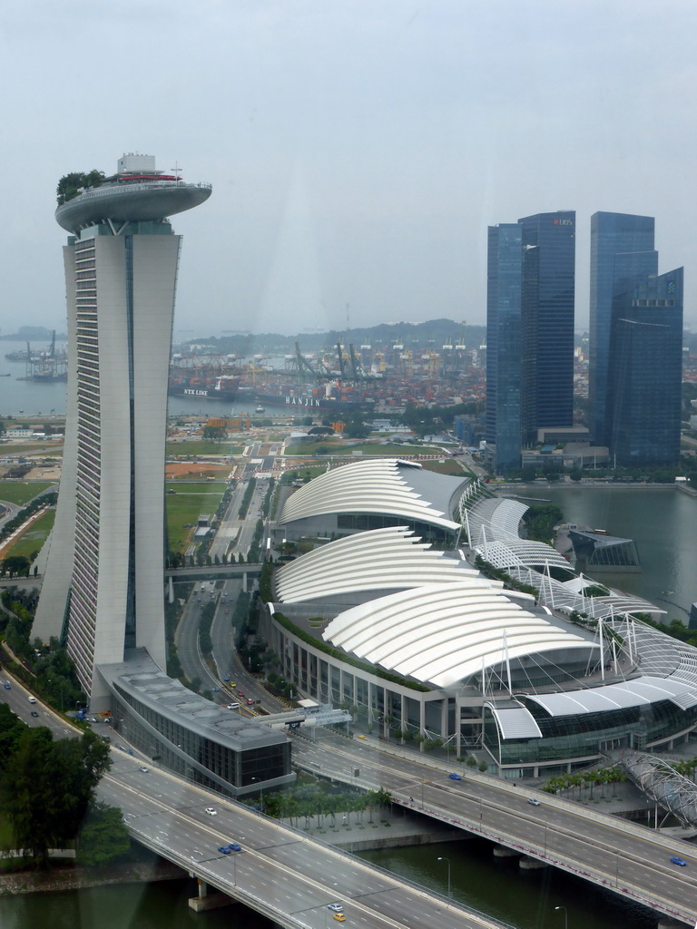The Marina Bay, the Marina Bay Sands building, the Marina Bay Financial Centre, the Singapore Cargo Terminal and Sentosa Island, viewed from the Singapore Flyer ferris wheel