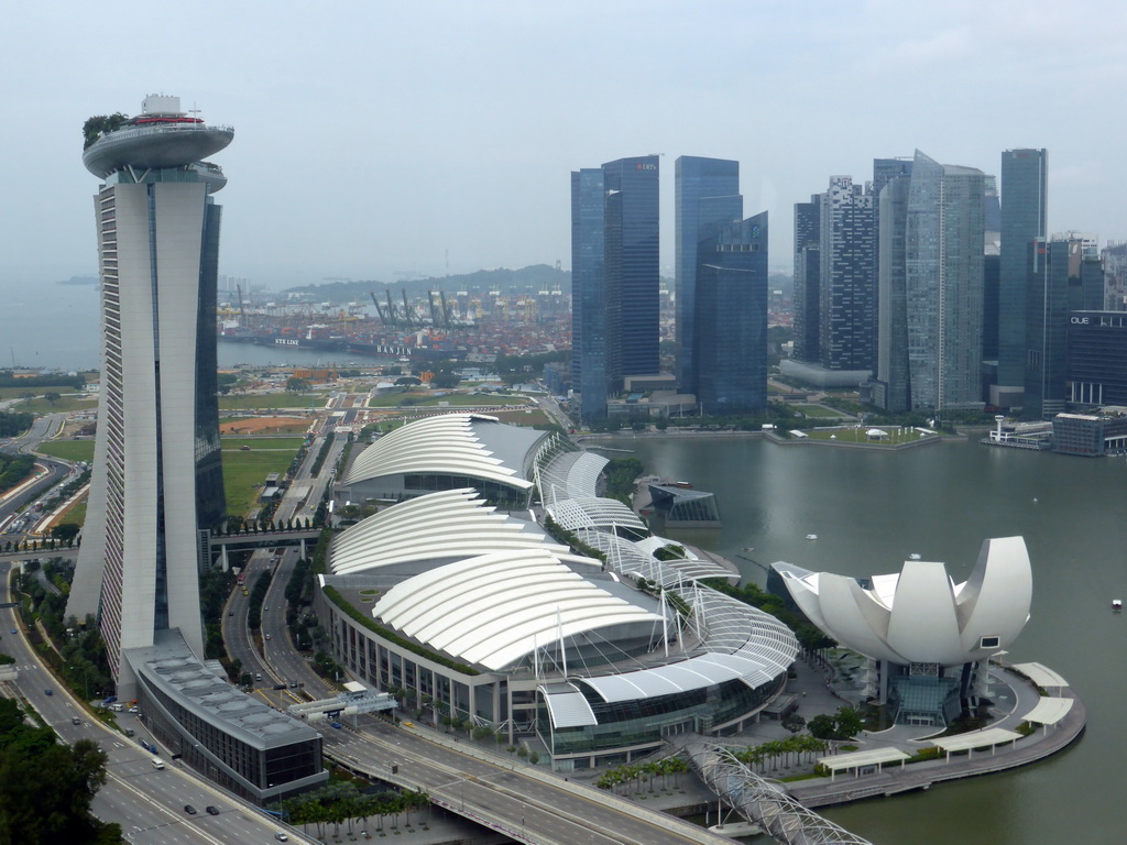 The Marina bay, the Marina Bay Sands building, the ArtScience Museum, skyscrapers at the Central Business District, the Singapore Cargo Terminal and Sentosa Island, viewed from the Singapore Flyer ferris wheel