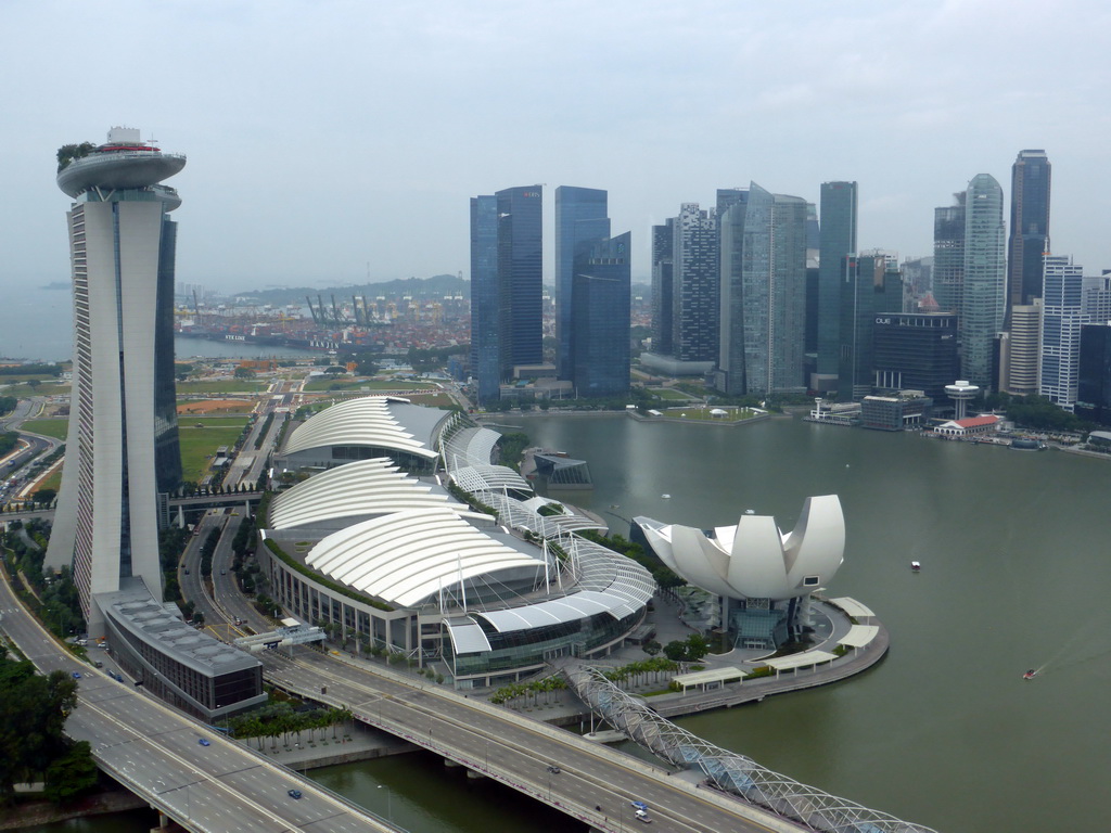 The Marina bay, the Marina Bay Sands building, the ArtScience Museum, skyscrapers at the Central Business District, the Singapore Cargo Terminal and Sentosa Island, viewed from the Singapore Flyer ferris wheel
