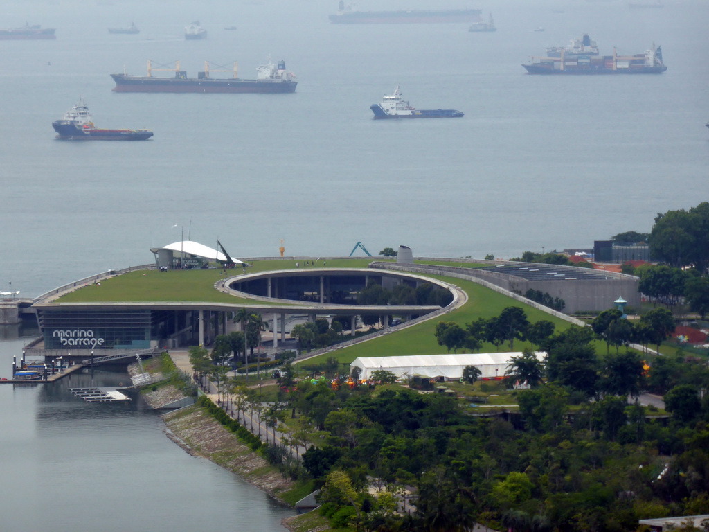 The Marina Barrage building, the Marina Bay and the Singapore Strait, viewed from the Singapore Flyer ferris wheel