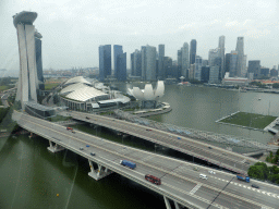 Bridges over the Marina Bay, the Marina Bay Sands building, the ArtScience Museum, the Float at Marina Bay stadium and skyscrapers at the Central Business District, viewed from the Singapore Flyer ferris wheel