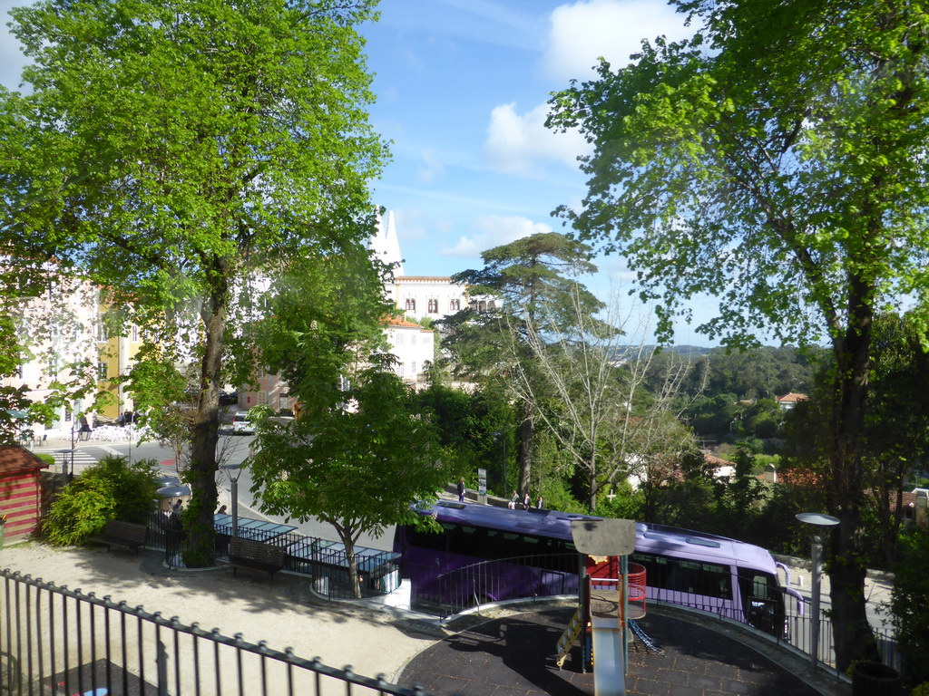 The Volta Duche street and the Kitchen Towers of the Palácio Nacional de Sintra palace, viewed from the bus from Lisbon at the Rua Visconde Monserrate street