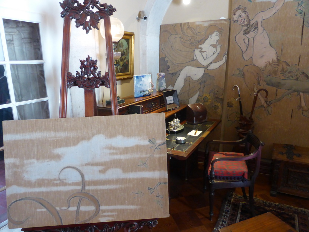 Easel, desk and wall paintings at the Atelier of King Don Carlos I at the lower floor of the Palácio da Pena palace