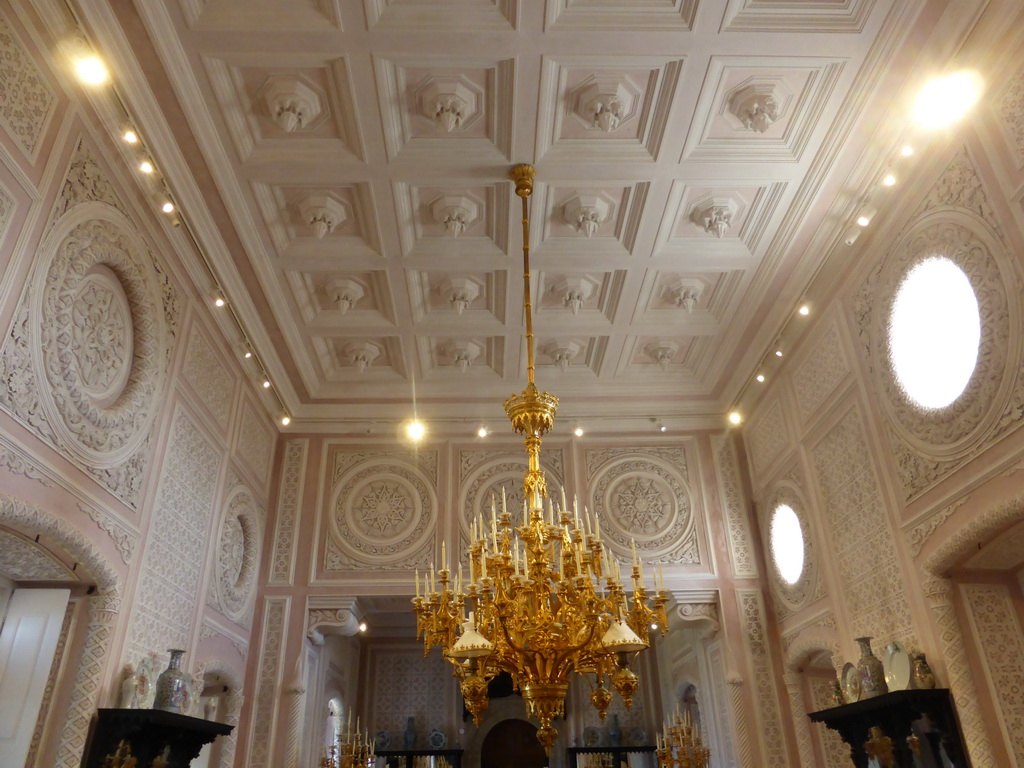 Ceiling with chandelier at the Ballroom at the upper floor of the Palácio da Pena palace