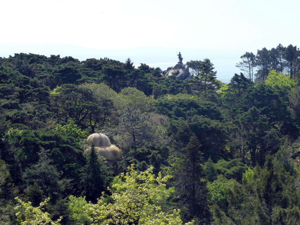 The Temple of the Columns and the Statue of the Warrior at the northwest side of the Jardins do Parque da Pena gardens, viewed from the terrace on top of the Kitchen of the Palácio da Pena palace
