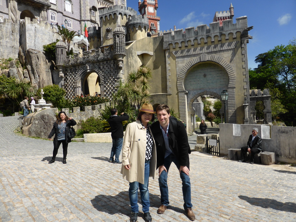 Tim and Miaomiao in front of the Palácio da Pena palace, and the entrance gate and the front gate at the front square