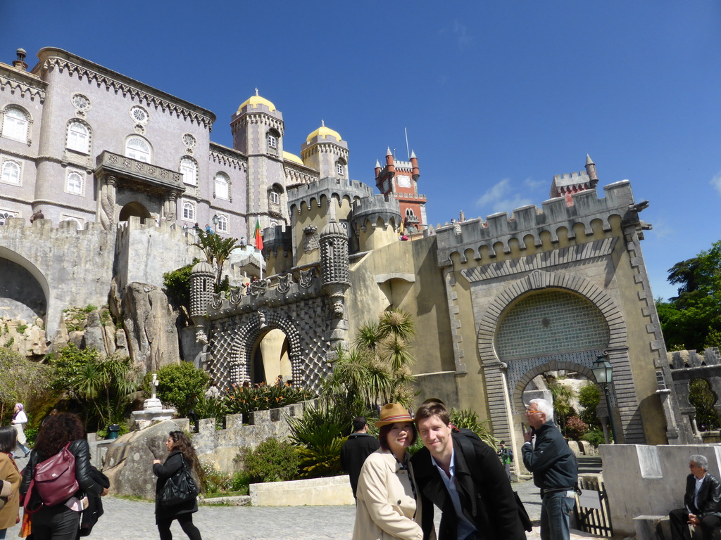 Tim and Miaomiao in front of the Palácio da Pena palace, and the entrance gate and the front gate at the front square