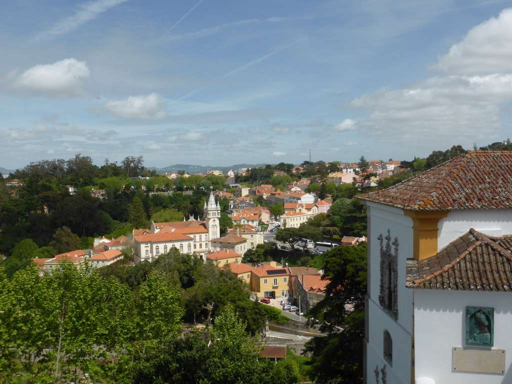 The tower of the City Hall and surroundings, viewed from the square at the back side of the Palácio Nacional de Sintra palace