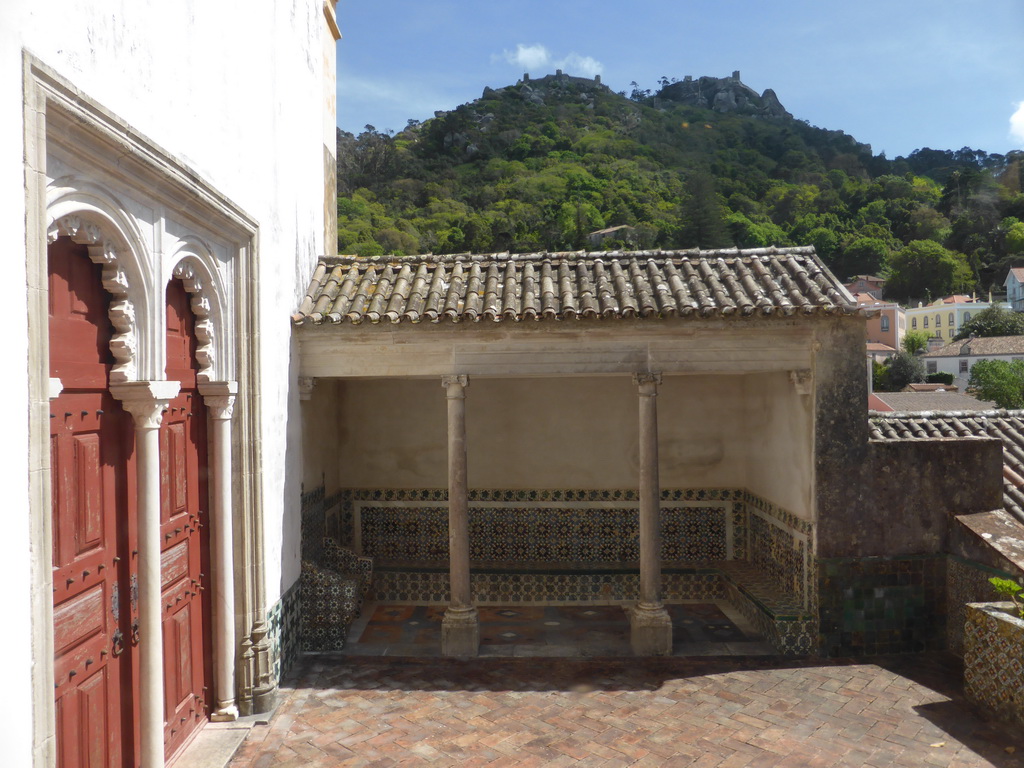 Veranda and the Castelo dos Mouros castle and surroundings, viewed from the Magpie Hall at the Palácio Nacional de Sintra palace