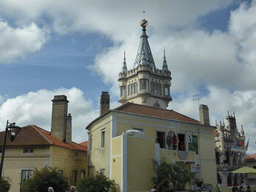 The City Hall with its tower at the Largo Doutor Virgílio Horta square, viewed from the bus to the Cabo da Roca cape