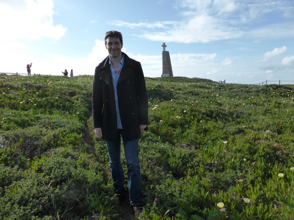 Tim at the right side of the column with cross at the Cabo da Roca cape