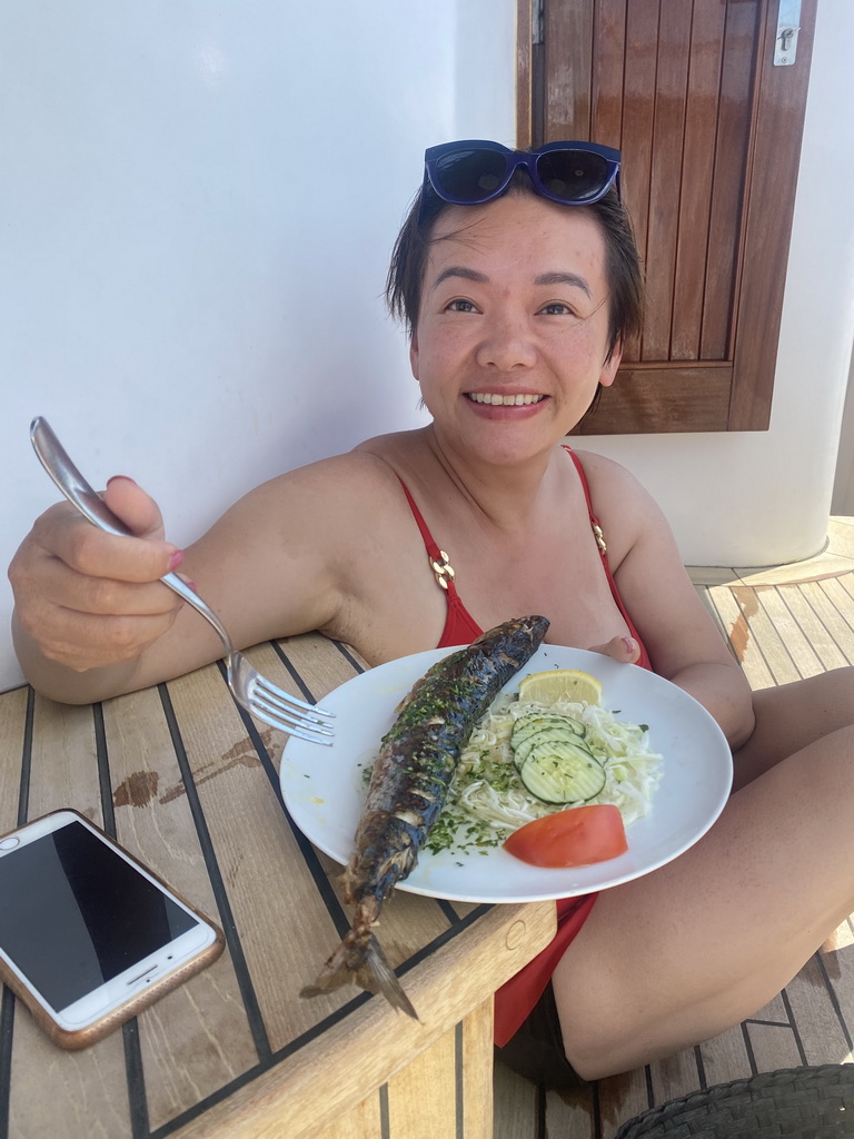 Miaomiao having lunch at the Elaphiti Islands tour boat