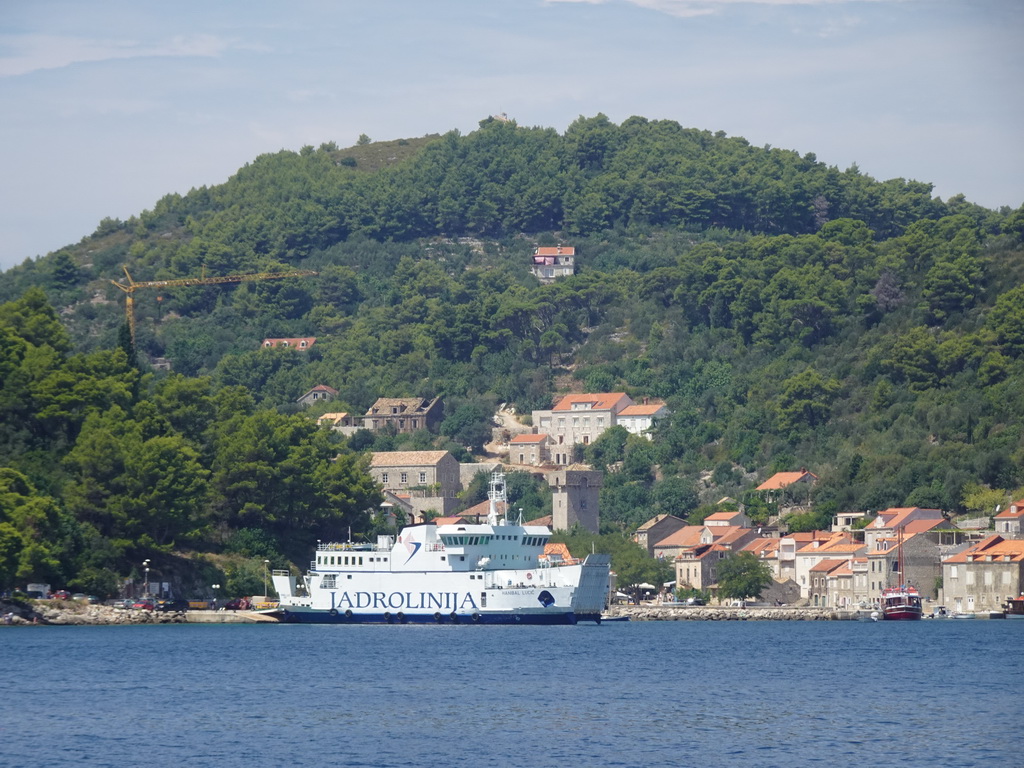 The cruise ship `Jadrolinija Hanibal Lucic` and other boats at the Sudurad Harbour, viewed from the Elaphiti Islands tour boat