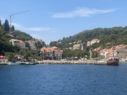 Boats at the Sudurad Harbour and the town of Sudurad, viewed from the Elaphiti Islands tour boat