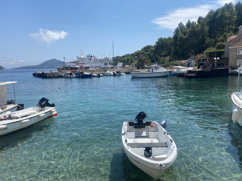 The cruise ship `Jadrolinija Hanibal Lucic` and other boats at the Sudurad Harbour