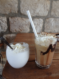 Coffee and milk at the terrace of the Konoba Stara Mlinica restaurant at the town of Sudurad