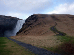 East side of the Skógafoss waterfall, with trail and platform