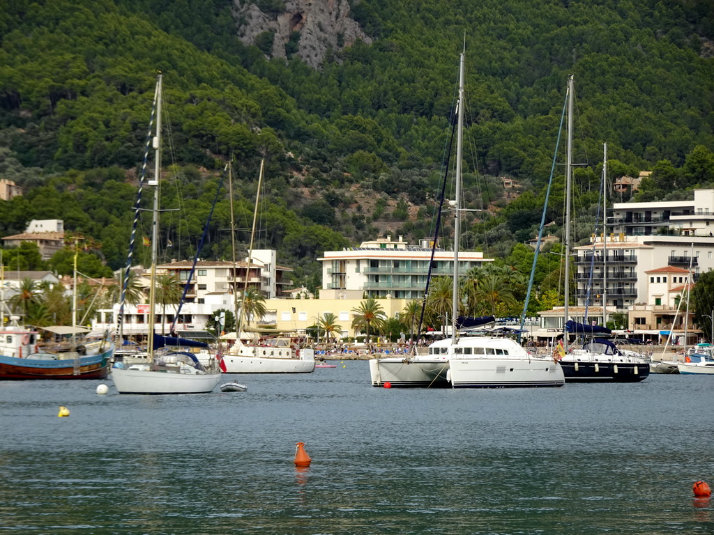 Boats in the harbour, viewed from the west side of the Platja d`en Repic beach