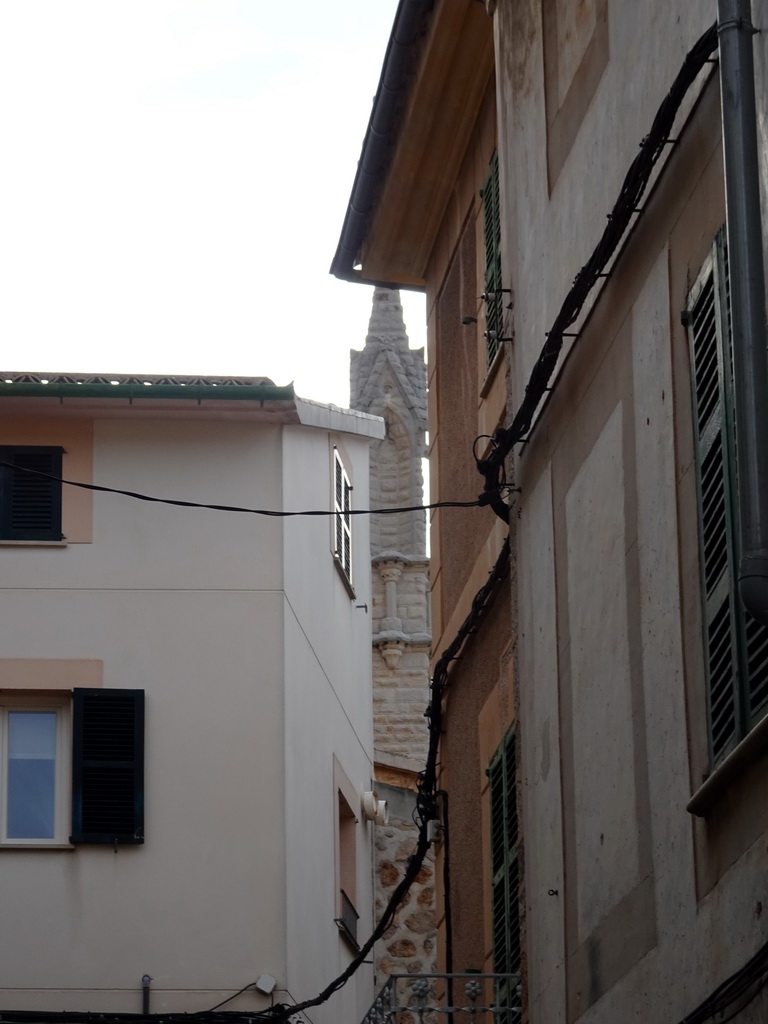 Tower of the Església de Sant Bartomeu church, viewed from the Carrer de Sant Bartomeu street