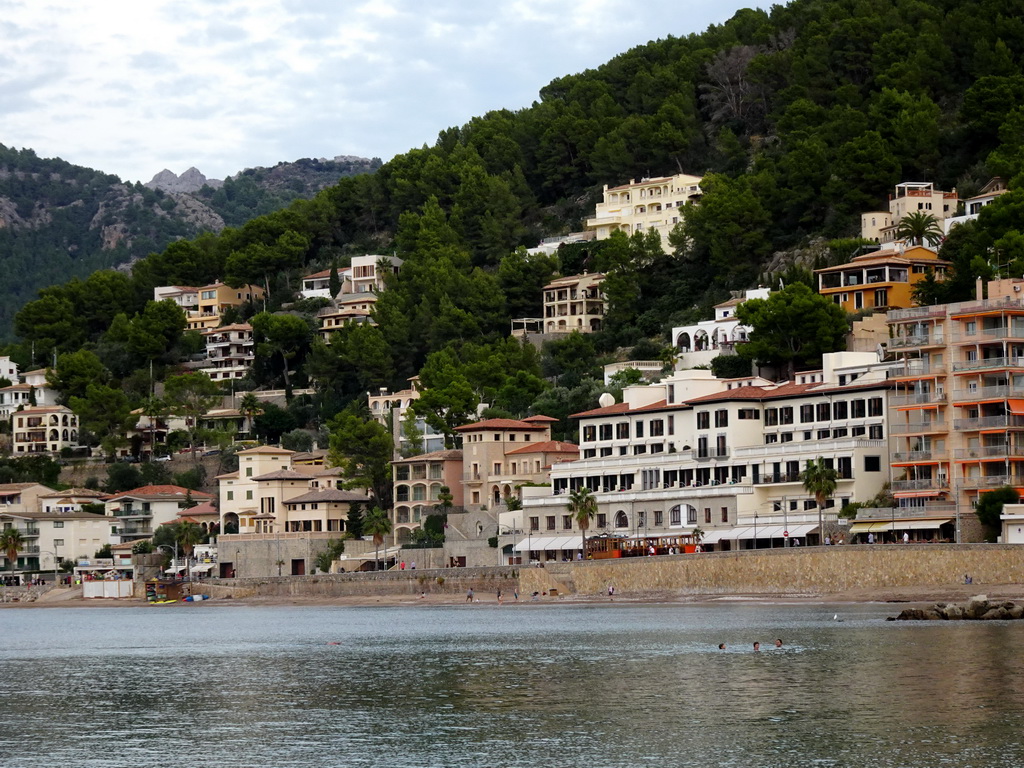 Tram at the Polígon de Sa Platja street, viewed from the west side of the Platja d`en Repic beach