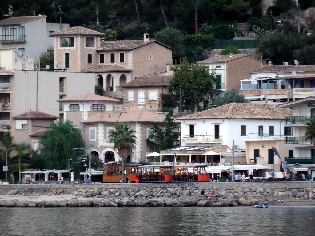 Tram at the Polígon de Sa Platja street, viewed from the Platja d`en Repic beach