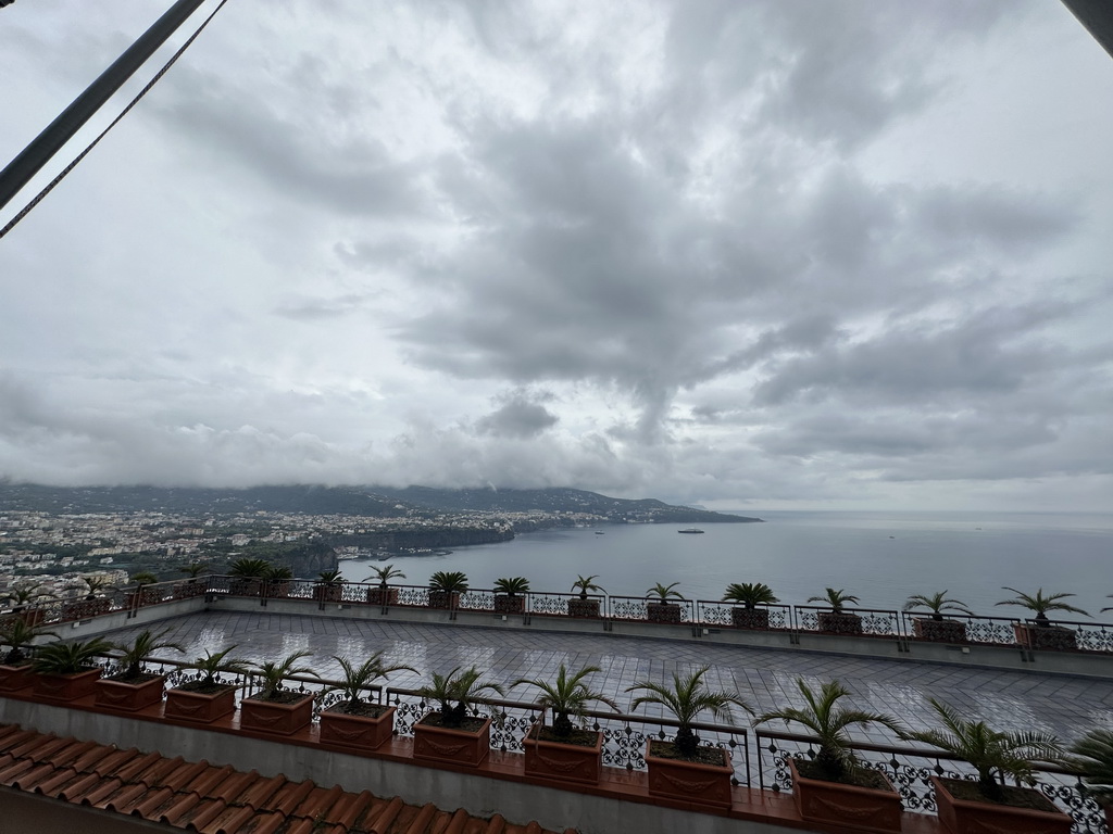 The towns of Piano di Sorrento, Sant`Agnello and Sorrento and the Tyrrhenian Sea, viewed from the roof terrace of the Hotel Mega Mare at the town of Vico Equense