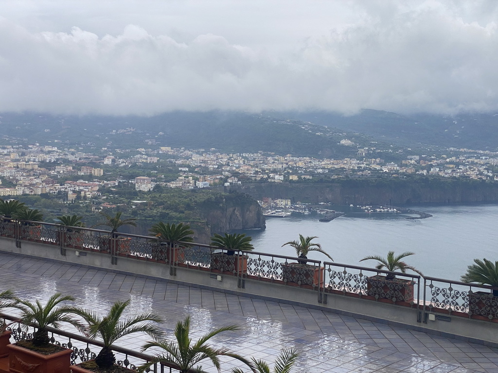 The town of Piano di Sorrento and the Tyrrhenian Sea, viewed from the roof terrace of the Hotel Mega Mare at the town of Vico Equense