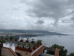 The towns of Piano di Sorrento, Sant`Agnello and Sorrento and the Tyrrhenian Sea, viewed from the roof terrace of the Hotel Mega Mare at the town of Vico Equense