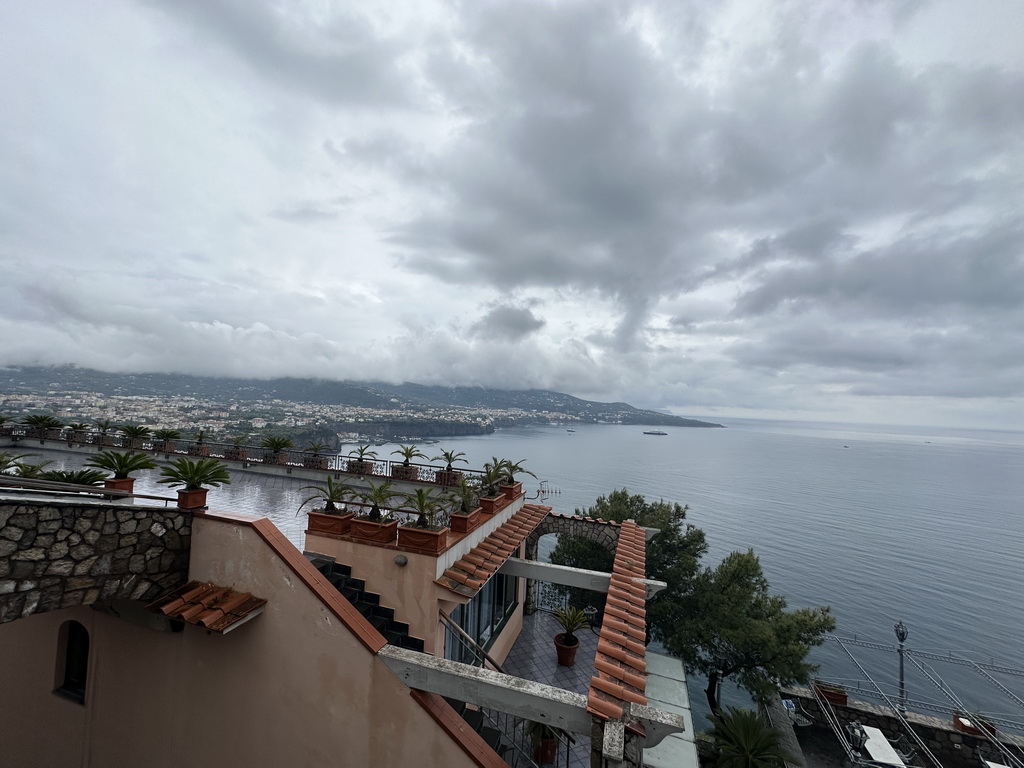 The towns of Piano di Sorrento, Sant`Agnello and Sorrento and the Tyrrhenian Sea, viewed from the roof terrace of the Hotel Mega Mare at the town of Vico Equense