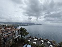 The towns of Piano di Sorrento, Sant`Agnello and Sorrento and the Tyrrhenian Sea, viewed from the roof terrace of the Hotel Mega Mare at the town of Vico Equense